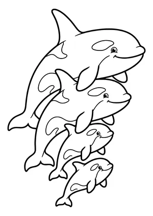 Orca family swimming in formation Coloring Page