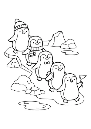 Group of penguins waddling in a row Coloring Page