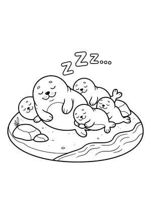 Seal colony dozing together on the beach Coloring Page