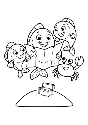 Treasure hunt with fish friends Coloring Page