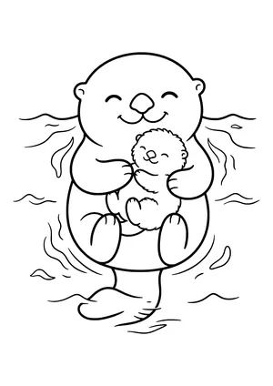 Sea otter cuddling with its baby Coloring Page