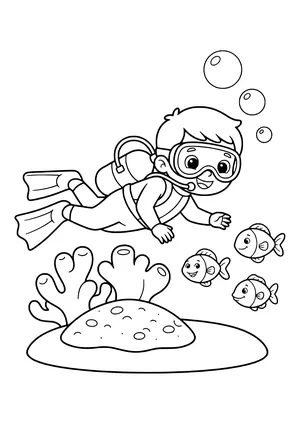 Diver exploring a coral reef Coloring Page