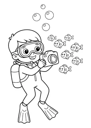 Diver photographing a school of fish Coloring Page