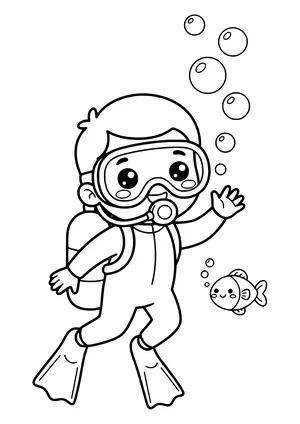 Diver waving cheerfully at the camera Coloring Page