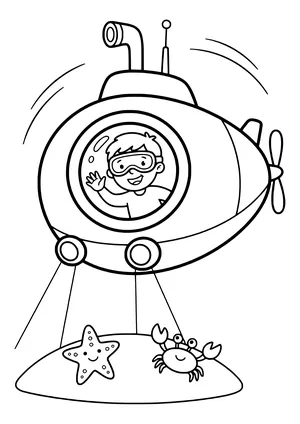 Deep sea expedition with submarine spotlight Coloring Page