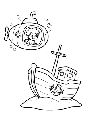 Submarine discovering an old wreck Coloring Page