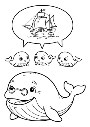 Grandpa whale telling stories to young whales Coloring Page