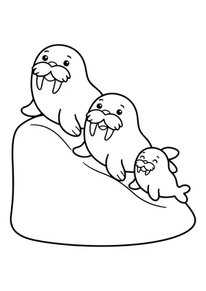 Walrus family waddling across the beach Coloring Page
