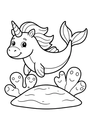 Water unicorn swimming through coral Coloring Page