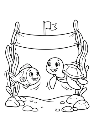 Swimming race between a fish and a turtle Coloring Page