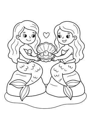 Two mermaids exchanging pearls Coloring Page