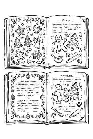 Aufgeschlagenes Plätzchen-Rezeptbuch Ausmalbild