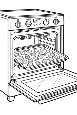 Backofen mit einem Blech Plätzchen Ausmalbild