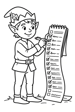 Elf mit Notizbuch, checkt eine Liste Ausmalbild