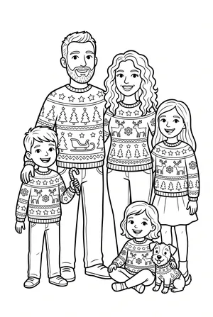 Familie in Weihnachtspullovern Ausmalbild