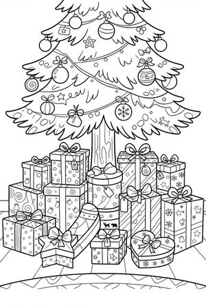 Geschenke unter dem Weihnachtsbaum Ausmalbild