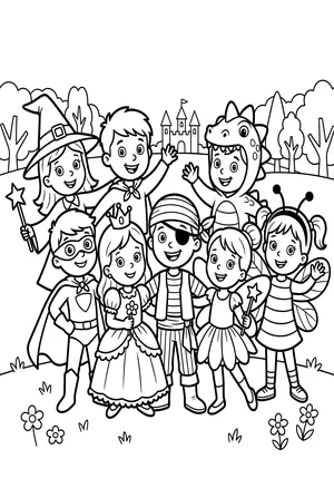 Gruppenfoto-Pose mehrerer verkleideter Kinder Ausmalbild