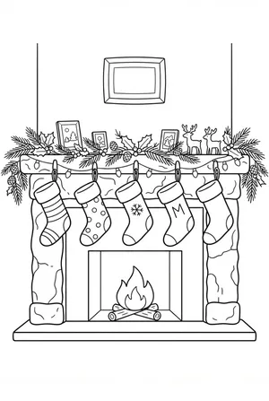 Kaminsims-Deko mit Weihnachtsstrümpfen Ausmalbild
