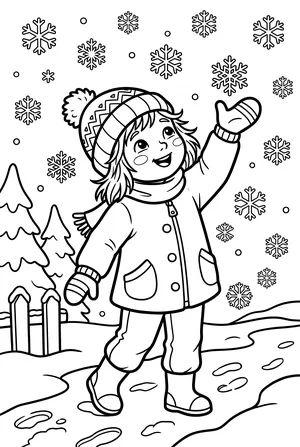 Kind fängt Schneeflocken mit der Hand Ausmalbild
