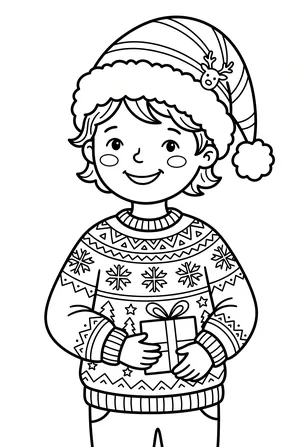 Kind mit Weihnachtsmütze und Pullover Ausmalbild