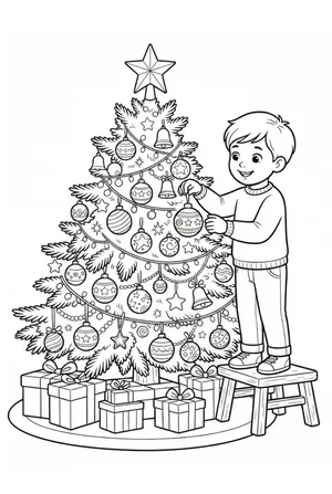 Kind schmückt den Weihnachtsbaum Ausmalbild