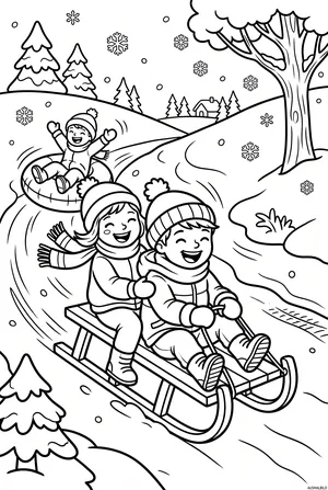 Kinder fahren Schlitten Ausmalbild