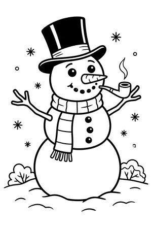Klassischer Schneemann mit Zylinder und Pfeife Ausmalbild