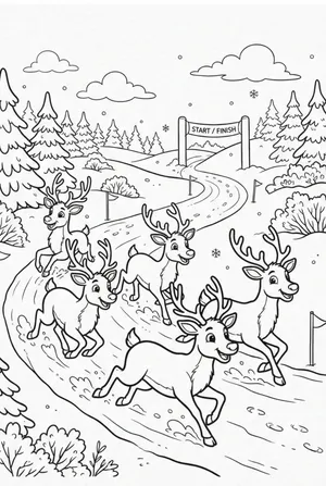 Several Reindeer Racing Coloring Page