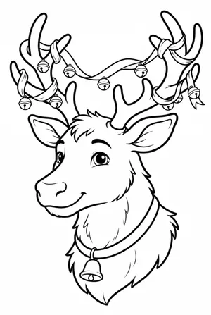 Reindeer Head with a Bell on Its Antlers Coloring Page