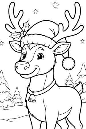 Reindeer Wearing a Christmas Hat Coloring Page