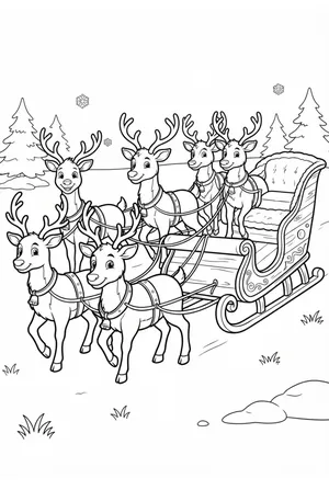 Reindeer Team in Front of the Sleigh Coloring Page