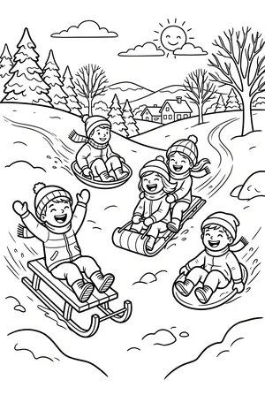 Rutschen auf einem Schneehügel Ausmalbild