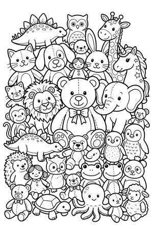 Sammlung von Kuscheltieren Ausmalbild