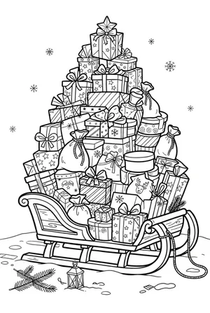 Sleigh Loaded with a Mountain of Gifts Coloring Page