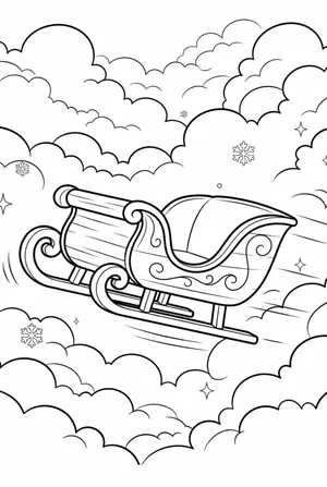 Sleigh Flying Through Clouds Coloring Page