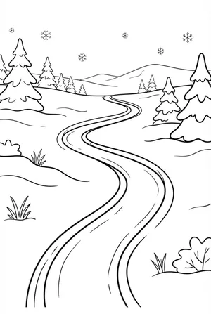 Sleigh Tracks Through a Snowy Landscape Coloring Page