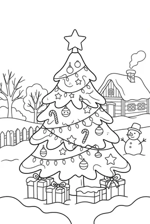 Schneebedeckter Weihnachtsbaum draußen Ausmalbild