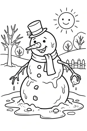 Schneemann schmilzt langsam, witzige Szene Ausmalbild