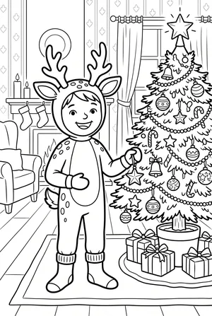 Verkleidetes Kind vor dem Weihnachtsbaum Ausmalbild