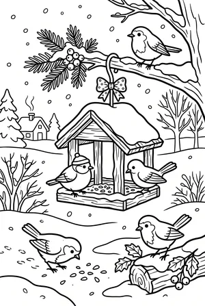 Vögel im Winter am Futterhaus Ausmalbild