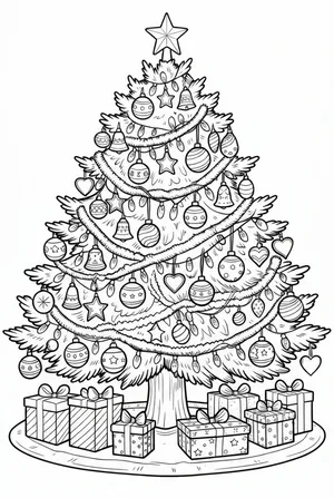 Voll geschmückter Weihnachtsbaum Ausmalbild