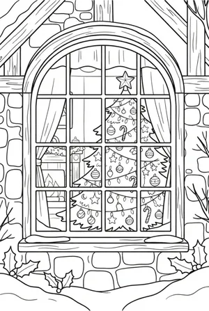 Weihnachtsbaum von außen durchs Fenster gesehen Ausmalbild