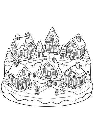 Weihnachtsdorf-Miniatur-Deko Ausmalbild