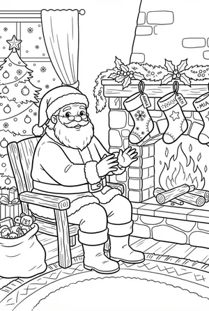 Santa by the Fireplace Coloring Page