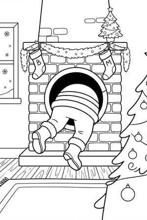 Santa Climbs Down the Chimney Coloring Page