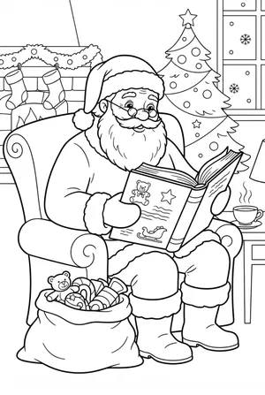 Santa with Glasses Reads a Book Coloring Page