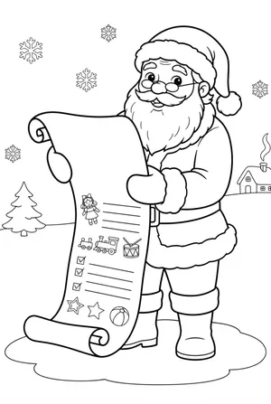 Santa with a Long Gift List Scroll Coloring Page