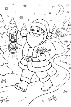Santa with a Lantern in the Snow Coloring Page
