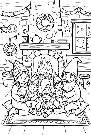 Wichtel-Familie am Kaminfeuer Ausmalbild