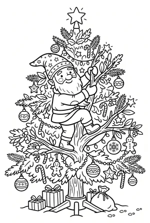 Wichtel klettert den Weihnachtsbaum hoch Ausmalbild
